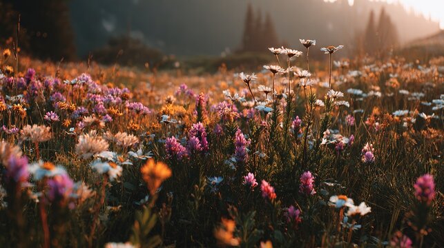 Vibrant Wildflower Meadow: A tapestry of wildflowers in full bloom carpets a lush meadow, bathed in the soft glow of golden hour light.