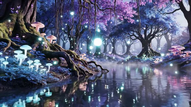 Magical fantasy forest with glowing mushrooms and purple trees