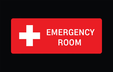 Red rectangular sign with a white medical cross and 'EMERGENCY ROOM' text on a black background, indicating a hospital entrance or department.