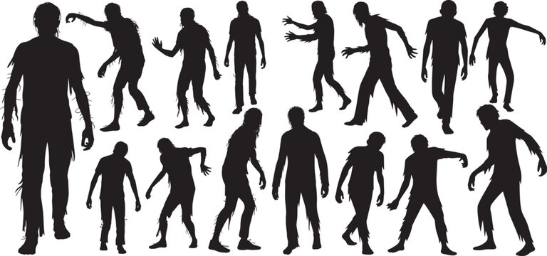 Zombie silhouettes in various standing and walking poses.&nbsp;Halloween designs, horror themes, or spooky decorations.&nbsp;vector illustration
