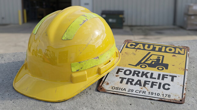 Yellow safety helmet and caution forklift traffic sign on concrete surface, industrial safety equipment and warning sign for workplace hazard awareness and protection