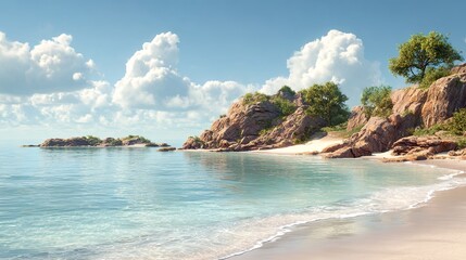 Fototapeta premium Seaside Serenity: A panoramic view captures the tranquil beauty of a pristine beach, where crystal-clear water meets the soft, golden sands, inviting calmness. 