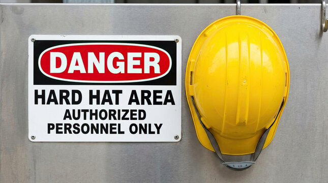 Danger hard hat area authorized personnel only sign with yellow safety helmet hanging on metal wall, emphasizing workplace safety and protection in industrial environment