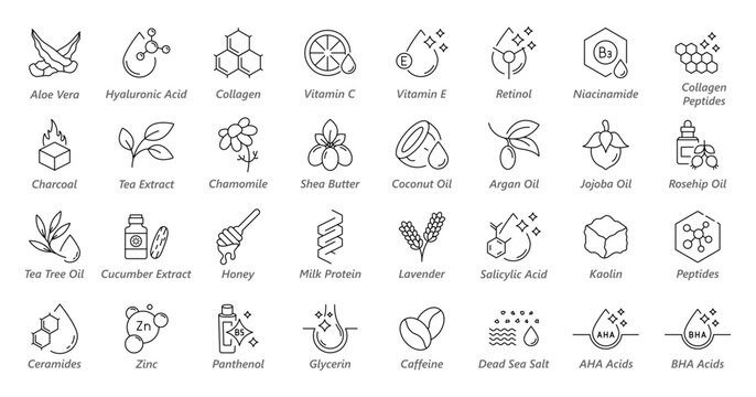Skincare Ingredients Line Icon Set. Natural and Active Cosmetic Symbols. Aloe Vera, Retinol, Ceramides, Collagen, Zinc Oxide, Hyaluronic Acid, Vitamin C. Outline Vector Collection