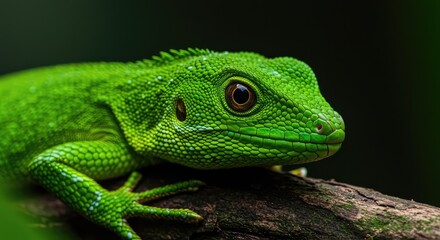 Obraz premium Close up texture of bright green reptile scales. This small lizard is resting on a branch in a humid environment and displaying camouflage ,wild ,study ,biology