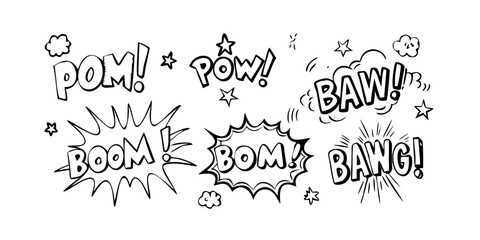 A dynamic illustration of comic book sound effects in bold, black and white fonts. Vector © Md Kazi Rahman