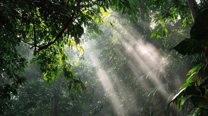 Obraz premium Sunlight Symphony: A captivating forest canopy bathes in ethereal light. Rays of sunlight pierce through lush foliage, creating a mesmerizing spectacle of nature's beauty and tranquility.