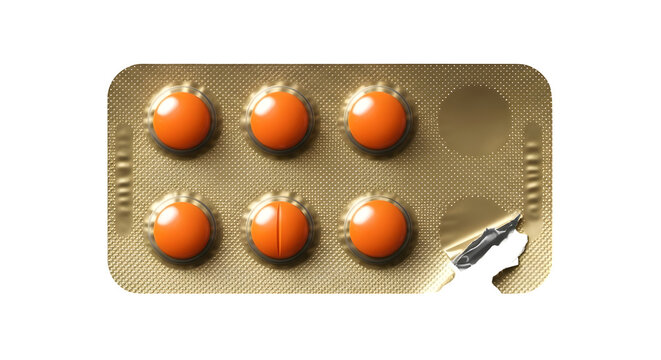 Gold Blister Pack With Orange Pills And One Missing On Background graphic isolated on a transparent background