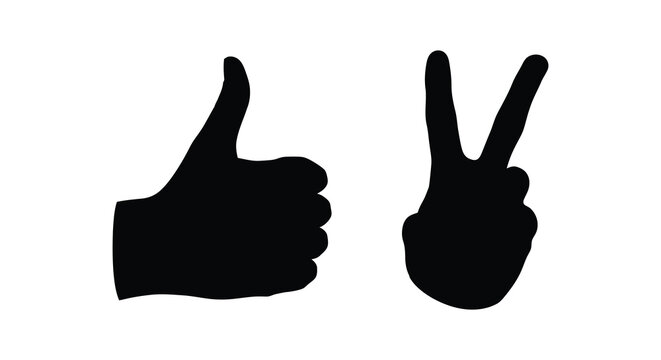 A stark black and white image depicts two hand gestures a thumbs up and the peace sign symbolizing positivity high quality professional