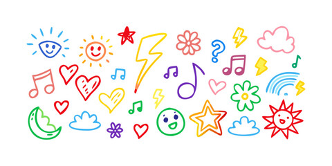 A vibrant collection of colorful doodles and illustrations with various shapes and objects Vector