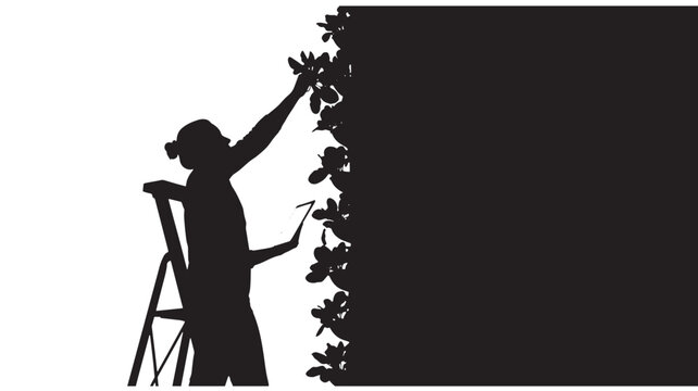 Woman on ladder trimming hedge silhouette vector