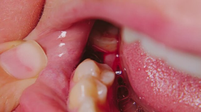 Extreme close-up of a bloody socket after a tooth extraction. The macro gums, saliva, and teeth during a dental surgery or post-operative healing process. Clinical and graphic view