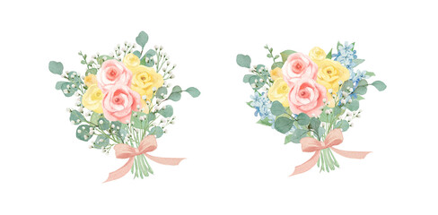 Watercolor Baby Pink Rose and Baby's Breath Bouquet with Ribbon: Elegant Floral Gift for Mother's Day and Wedding-300dpi-