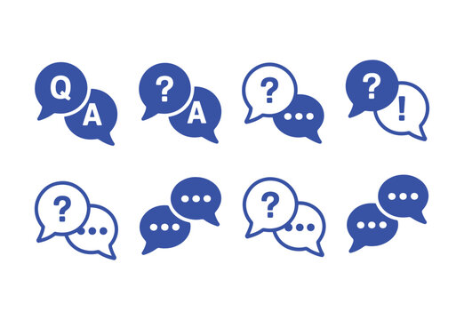 Question and answer icon set. Chat, speak bubble, Q and A, ask, support, dialog, help center symbol on white background - stock vector.