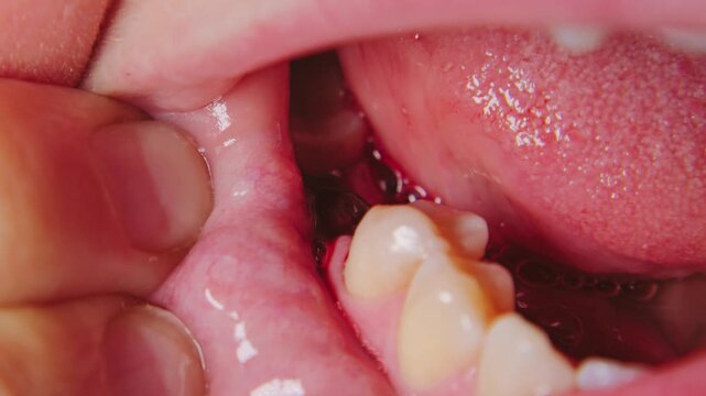Extreme macro view inside a human mouth. A finger pulls back the cheek to reveal a healing gum and empty socket after a tooth extraction. Medical concept of dental surgery and oral health