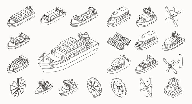 Detailed Isometric Line Art Vector Icons of Marine Transport: Cargo Ships, Passenger Boats, and Propellers for Logistics and Nautical Themes