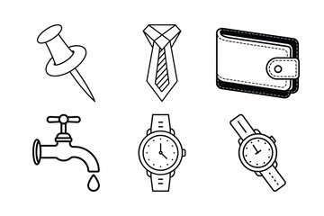 Collection of Minimalist Line Art Icons Featuring Fashion Accessories, Office Supplies, and Home Hardware - Scalable and Editable Vector Illustration

