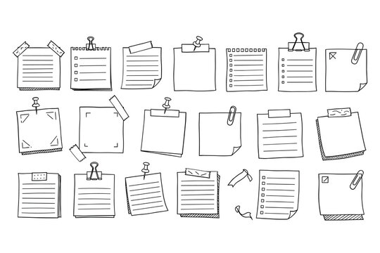 Set of paper notes and documents with clips and pins, office supplies vector illustration