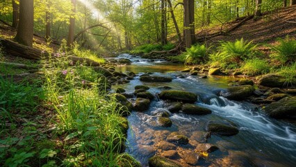 Fototapeta premium A serene forest stream with moss-covered rocks and lush greenery, illuminated by sunlight, with a sunbeam shining through the trees.