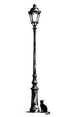 Artistic Black and White Illustration of an Antique Street Lamp with a Cat Sitting Beneath
