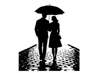 Romantic Silhouette of a Couple Walking Under an Umbrella on a Rainy Cobblestone Street