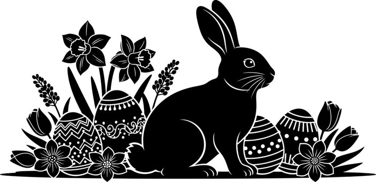 Easter bunny sitting with decorated eggs and spring flowers on transparent background