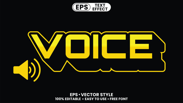 Bold yellow voice text effect with speaker icon on black background, eps vector graphic for audio branding and design.