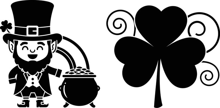 St Patricks Day clipart with leprechaun pot of gold and shamrock on transparent background