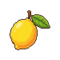 Pixel art lemon with leaf, retro video game style citrus fruit