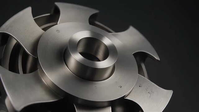 Macro Close-Up of Rotating Stainless Steel Centrifugal Pump Impeller