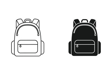 Backpack icons set in white and black outline vector illustration