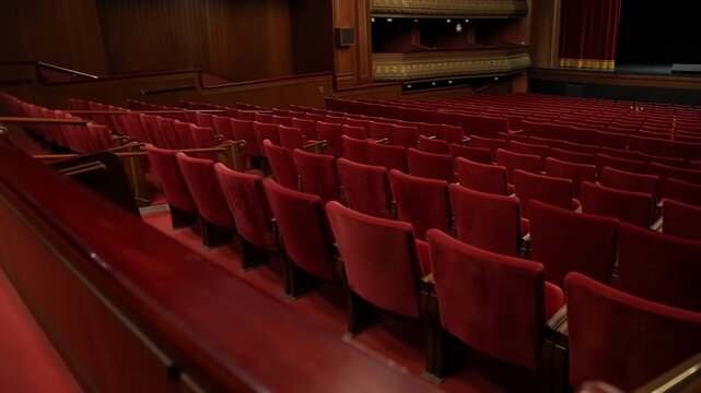 Theater Seats Awaiting. Red Auditorium With Plush Seating. Stage Area Prepared With Velvet Chairs And Lighting
