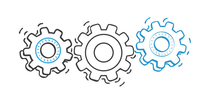 Three interlocking gears with blue and white color scheme representing synergy and teamwork. Vector
