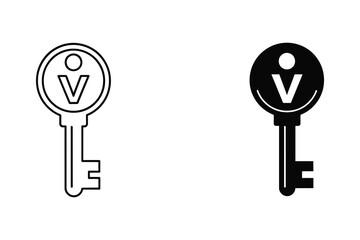 Key with V logo icon set in flat design black and white vector illustration
