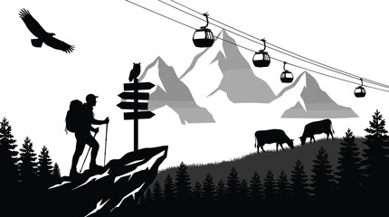 Mountain hiking adventure silhouette with backpacker, cable car gondola, wildlife and alpine landscape vector illustration isolated on white background © Arif