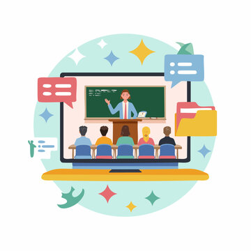 A teacher is lecturing students in a virtual classroom on a laptop screen with a blackboard and chat bubbles around it