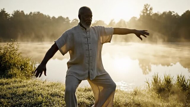 Man practicing tai chi by lake at sunrise in serene outdoor environment