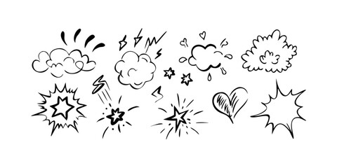 A variety of cartoon-style explosion and impact sound effect symbols. Vector © ADOBE