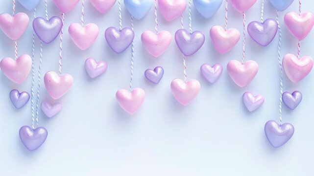 Vibrant hearts in pink and purple hang from strings against a light blue backdrop, creating a cheerful and romantic visual display for various occasions
