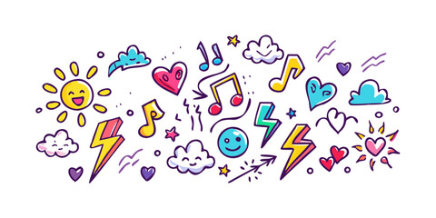 Colorful illustration of various objects and shapes in a playful arrangement Vector