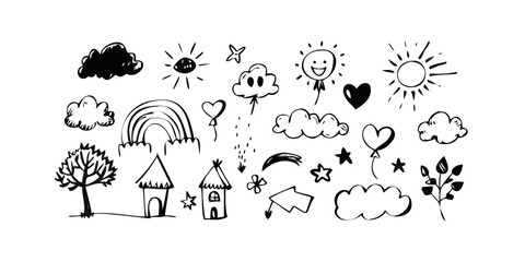 A whimsical illustration of various weather elements and nature symbols. Vector