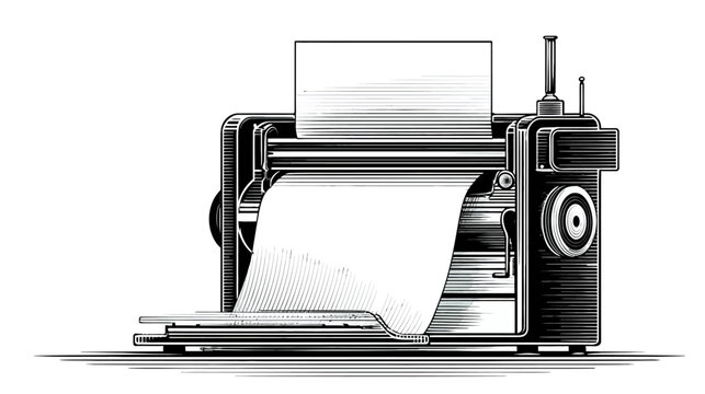 Vintage retro teletype printer machine with paper output, old industrial technology device, isolated on white background.