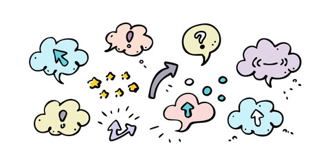 A whimsical illustration of various thought bubbles and speech balloons with diverse expressions and ideas Vector