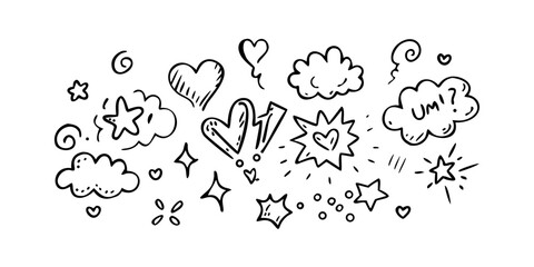 A whimsical doodle illustration featuring hearts, stars, and clouds in a playful arrangement. Vector