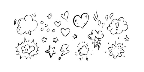 A delightful array of diverse and whimsical cloud illustrations in black and white. Vector