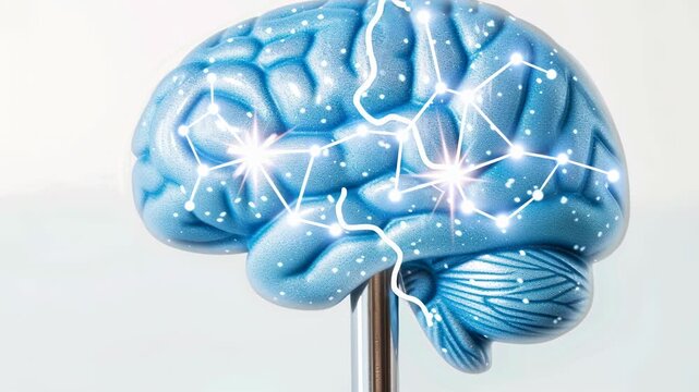Blue brain model with illuminated constellations on a metallic base, highlighting its intricate design and vivid colors against a softly lit backdrop