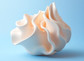 Abstract white sculpture with wavy forms on a light blue background