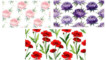Floral pattern illustration set featuring seamless rose peony and wild flowers in romantic botanical repeat designs for fabric wallpaper decor printing. © prarthana