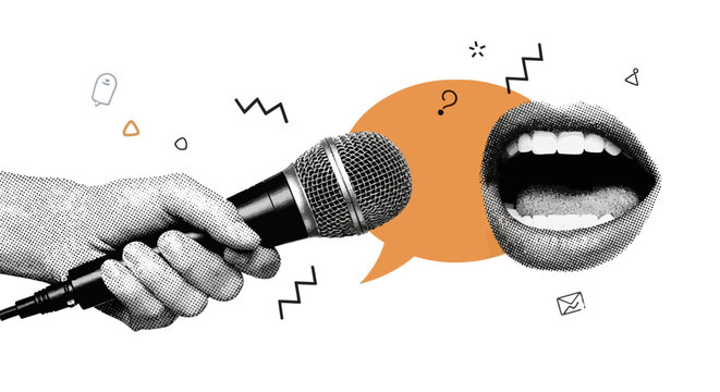 Surreal collage art of hand holding microphone and open mouth, creative podcast and interview concept, modern pop art speech bubble illustration