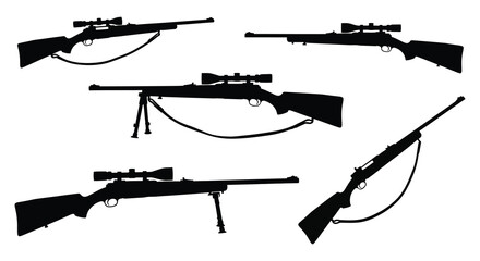 A collection of black silhouette illustrations depicting various rifle designs including scoped and un scoped models high quality professional detailed © VoDesign02
